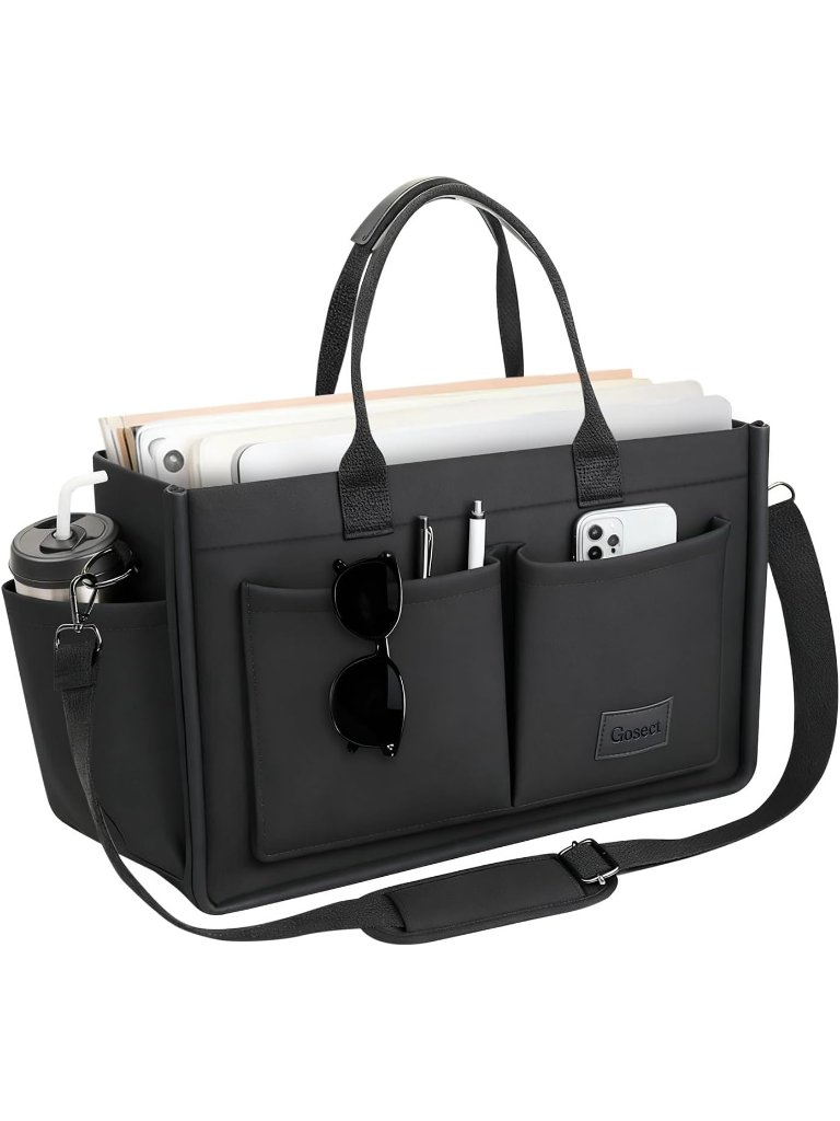 Gosect Women's Black Leather Crossbody Bag Wide Strap Shoulder Zipper Pocket Bag